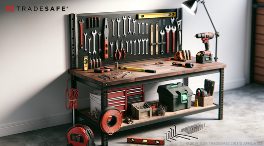 a workbench with various tools on top
