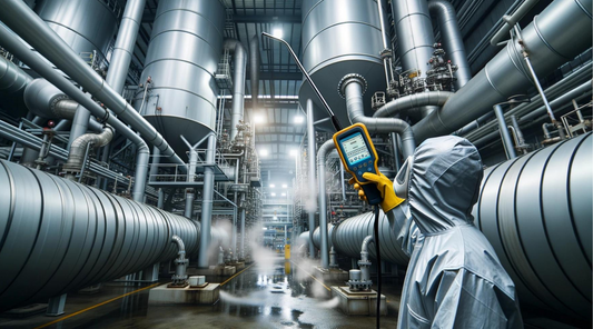 An industrial setting where a worker is using an ultrasonic leak detector on metallic tanks and pipelines