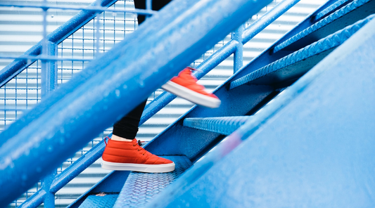 climbing up the stairs