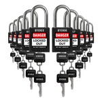 ten black loto padlocks: 2 keys each, unique five-digit code on keys and body