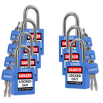 7 blue loto padlocks: 2 keys each, with codes on keys and body