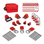 1 pouch, 17 zip ties, 3 hasps, 10 loto tags, 4 padlocks with 1 key each, 1 plug lockout, and 7 circuit breaker locks