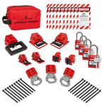 1 pouch, 17 zip ties, 3 hasps, 10 loto tags, 4 padlocks with 2 keys each, 1 plug lockout, and 7 circuit breaker locks
