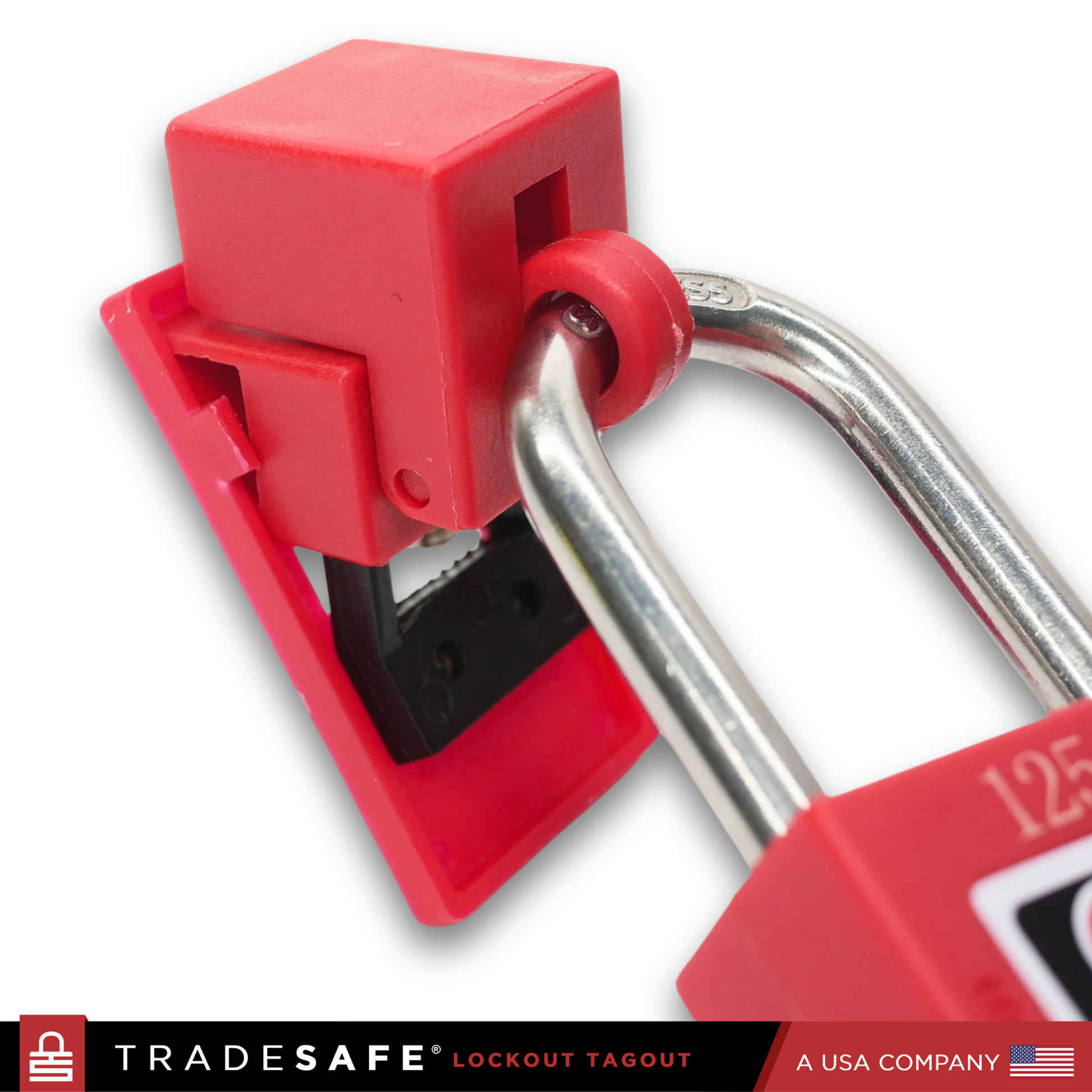 eye-level of the product in side view with red padlock