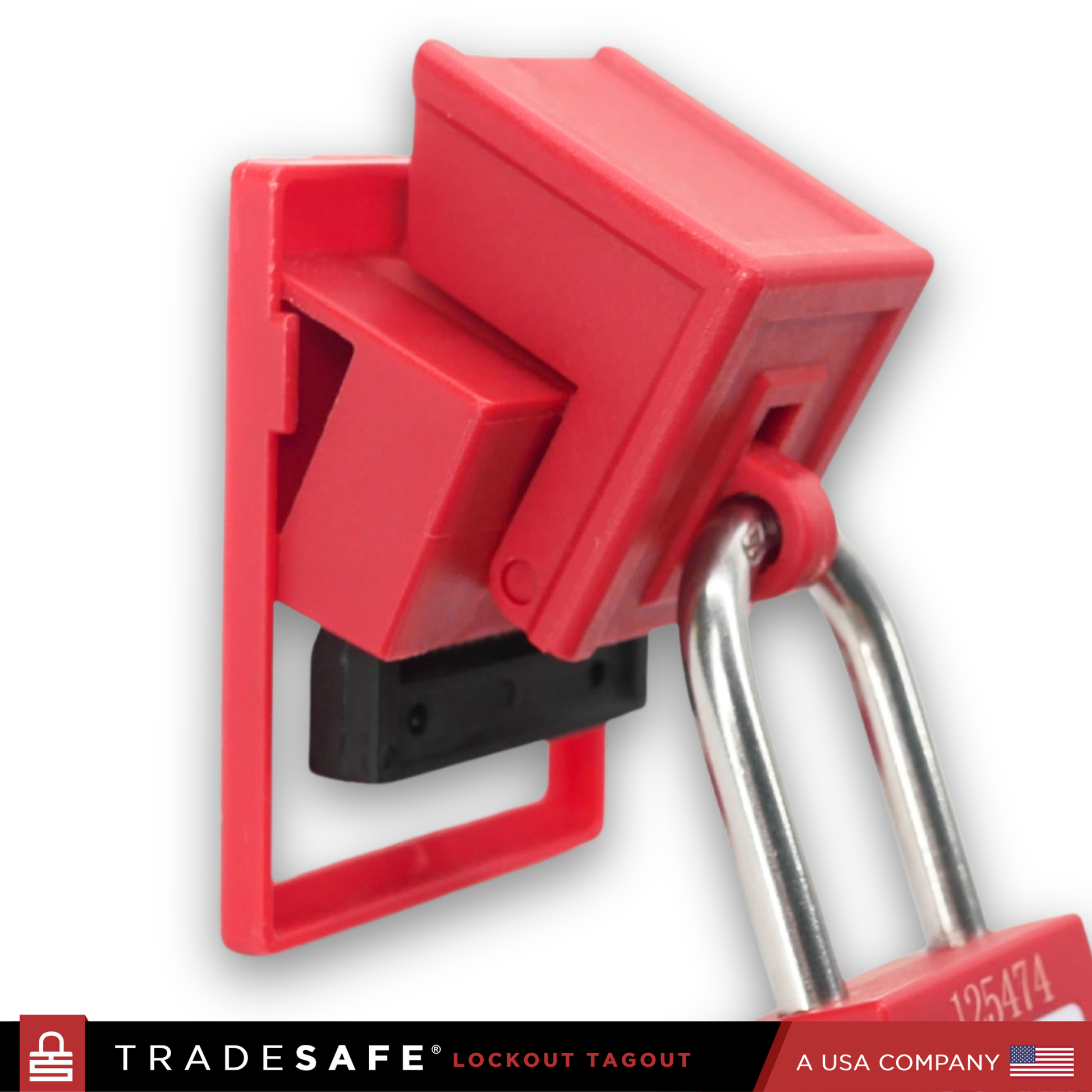 eye-level view of clamp-on breaker lock large with padlock