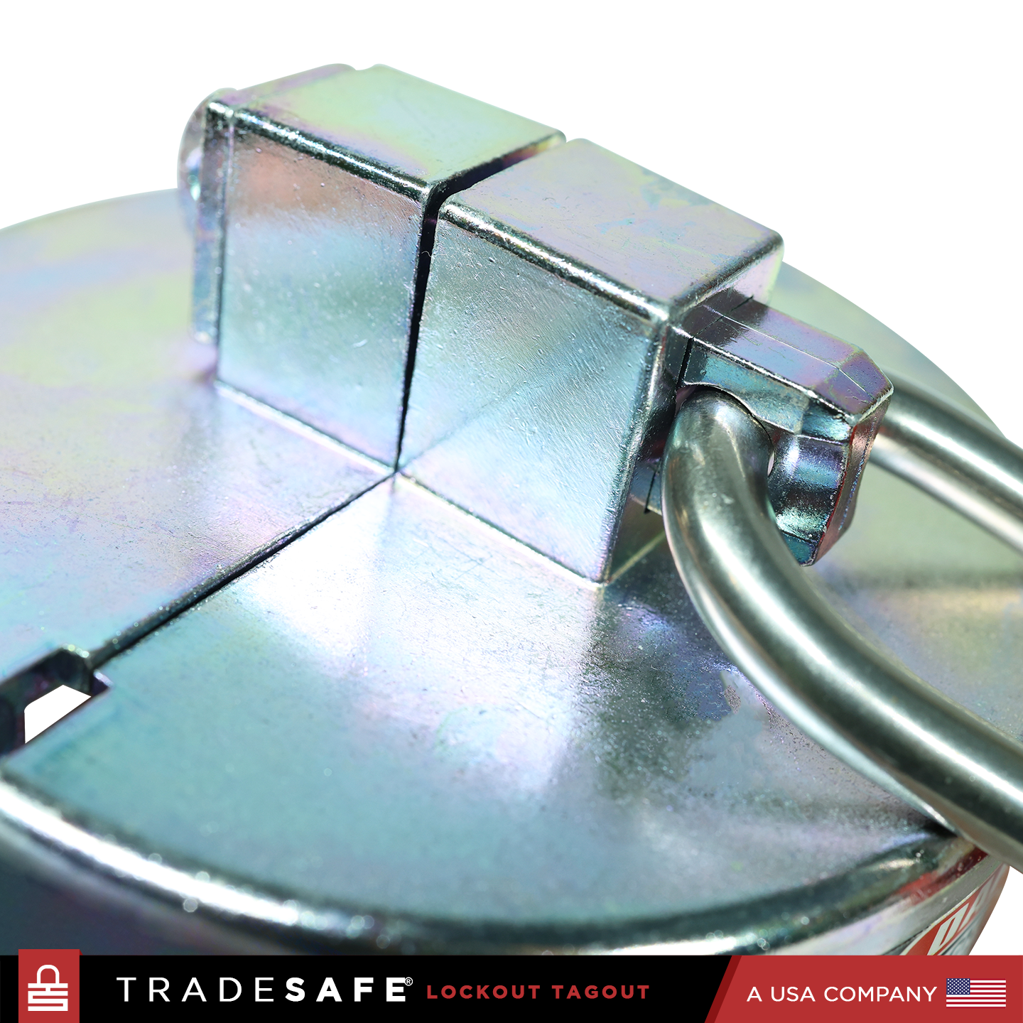 close-up view of drum lockout focusing on lock bar with padlock shackle