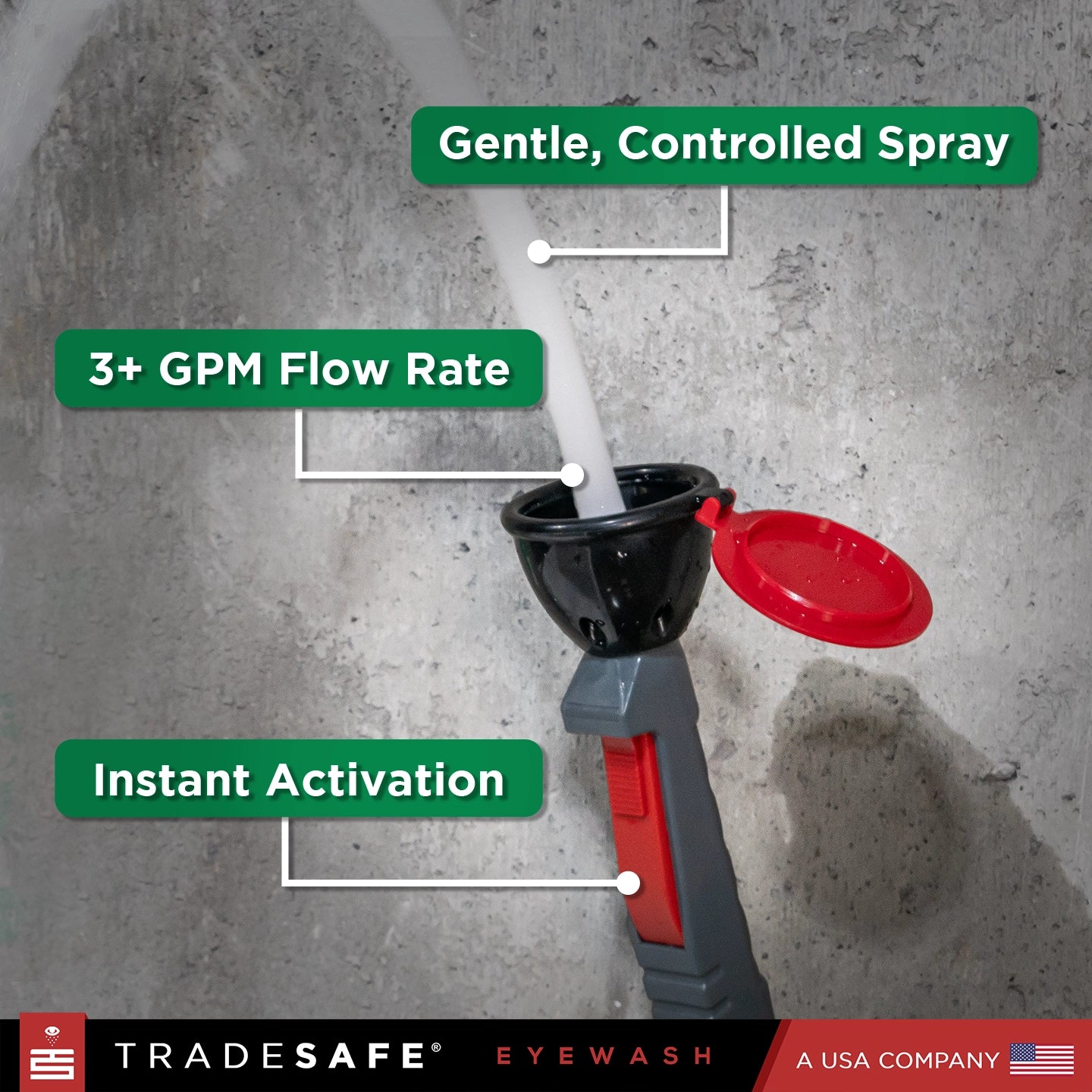 drench head eyewash station with features labeled on a concrete wall