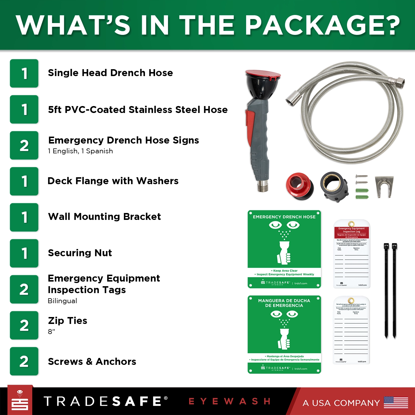list of items included in a package with emergency drench hose equipment and signage