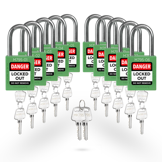 set of 10 green keyed different locks with master key