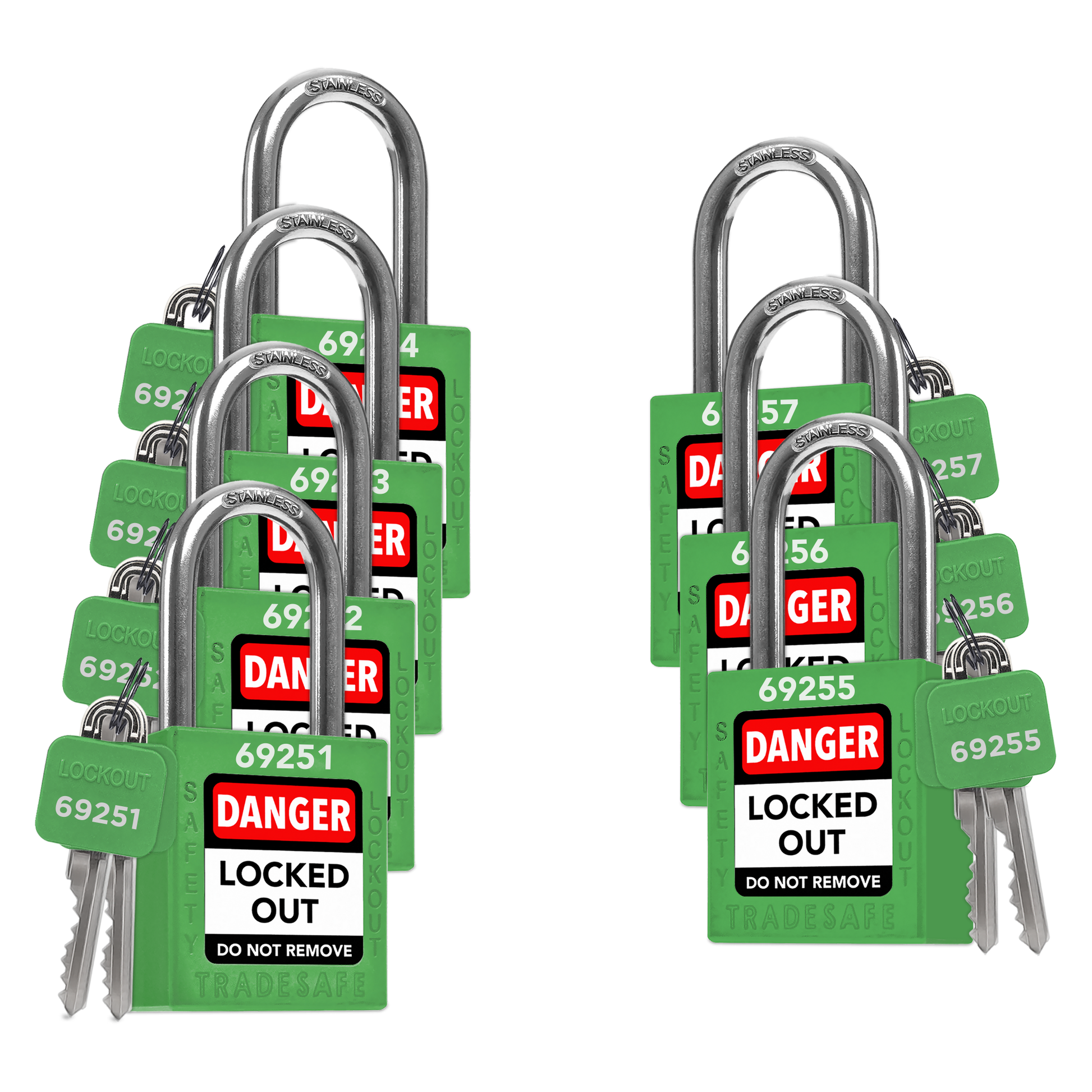 7 green loto padlocks: 2 keys each, with codes on keys and body