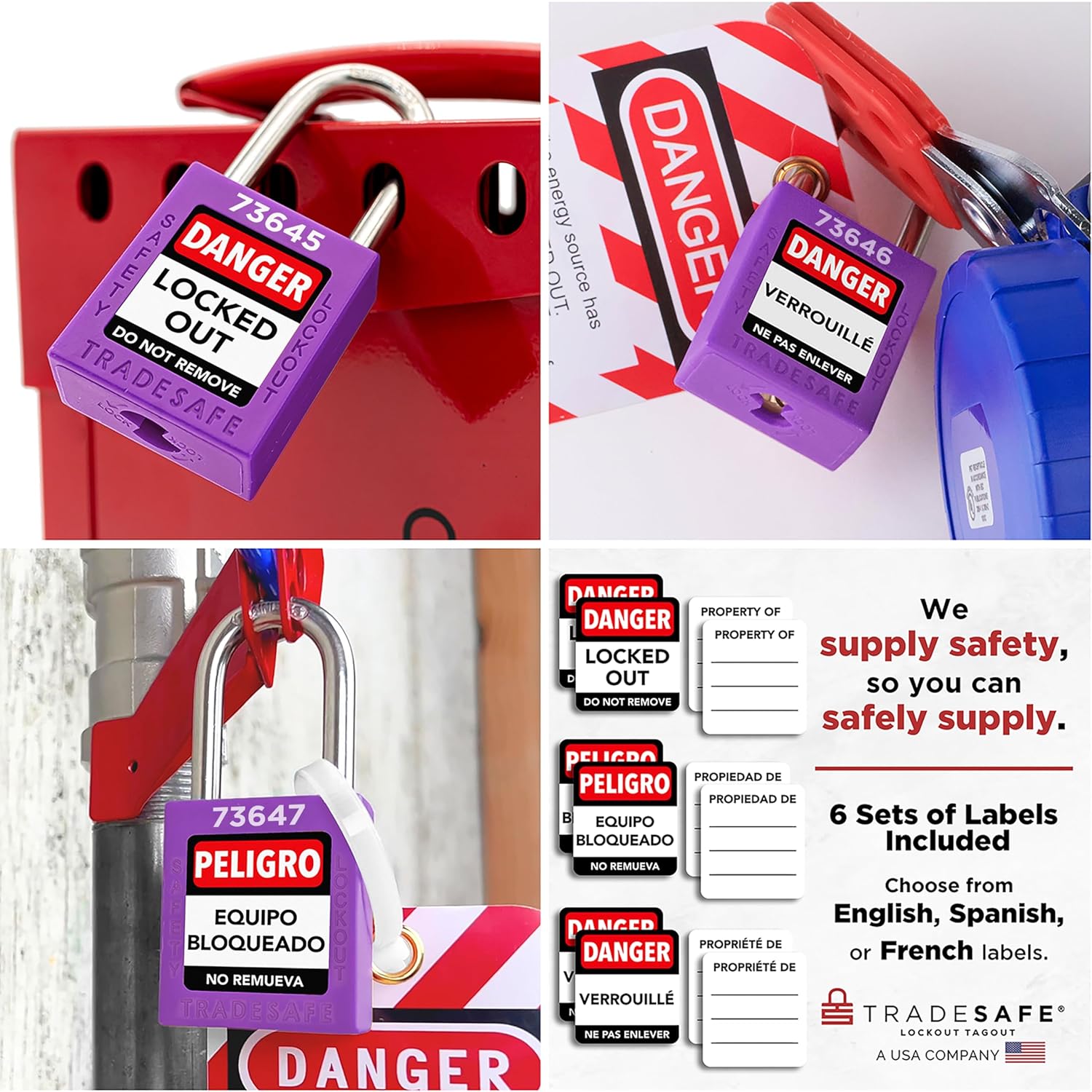 collage: 3 purple tradesafe padlocks in use, labeled in english, french, and spanish