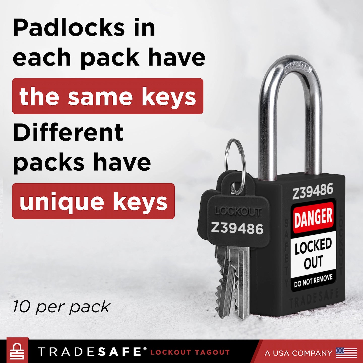 lockout tagout padlock with keys on a white background, featuring TRADESAFE branding.