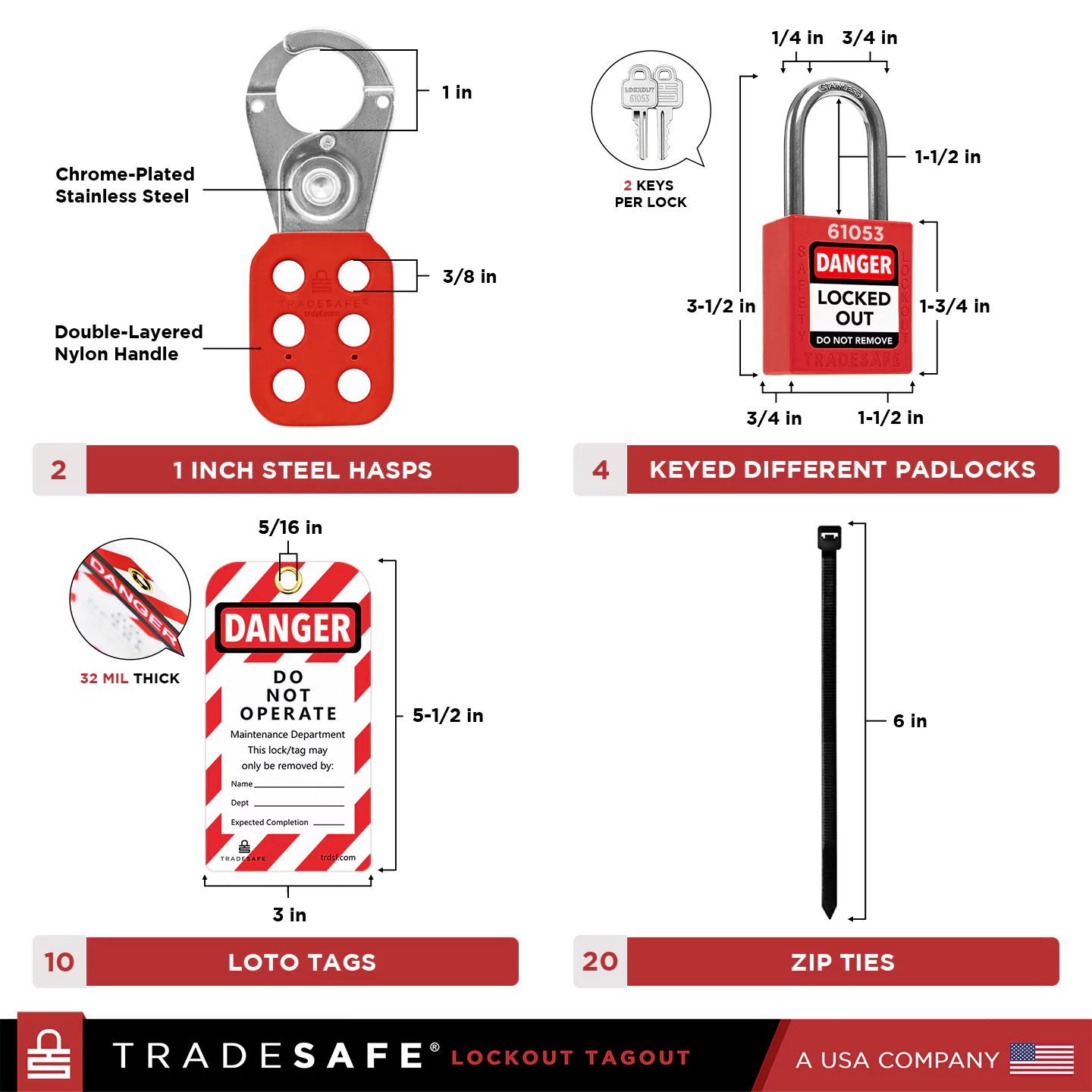 quantity and dimensions of hasps, locks, tags, and ties