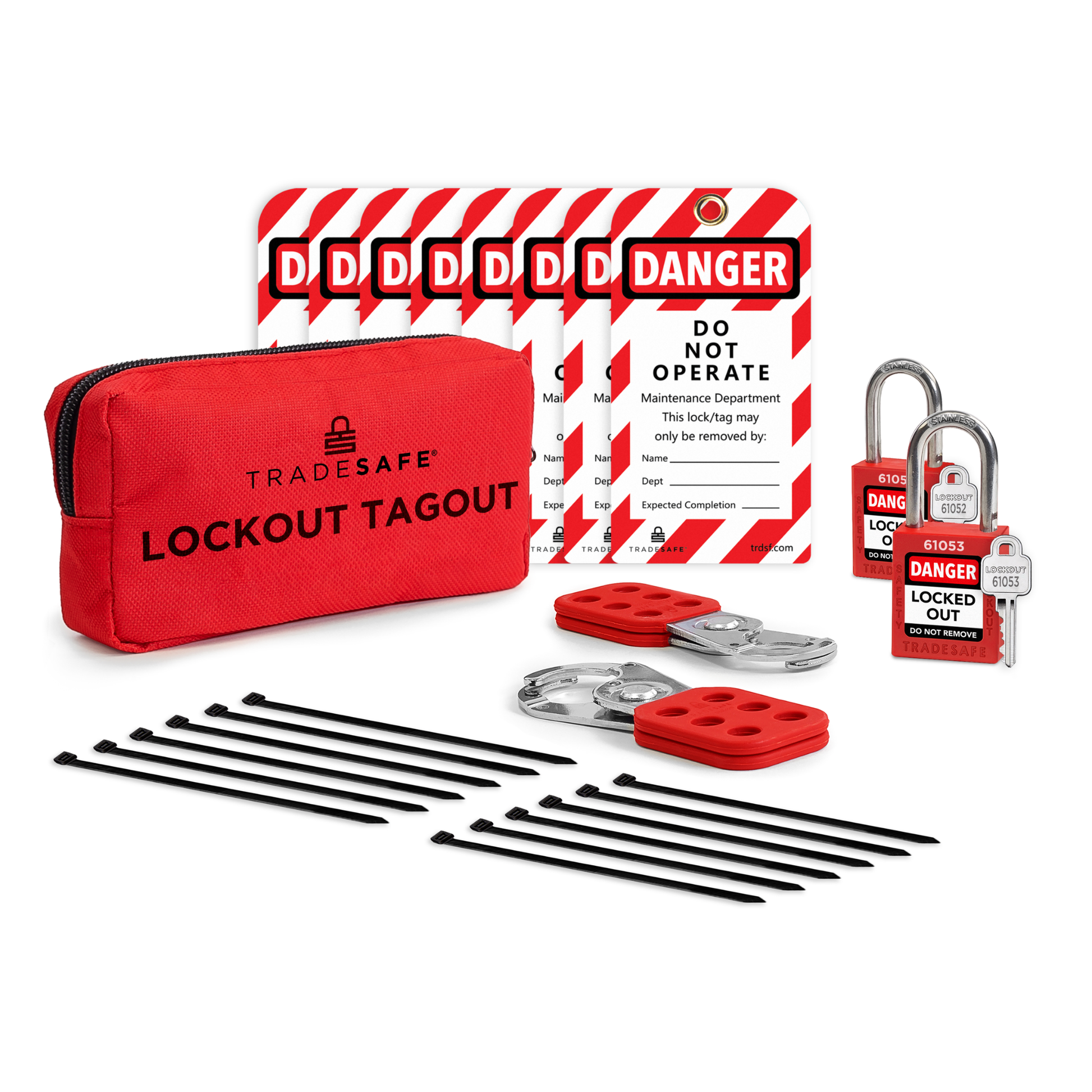 lockout tagout kit composed of 1 pouch, 12 zip ies, 2 steel hasps, 8 loto tags, and 2 keyed different padlocks with 1 key each