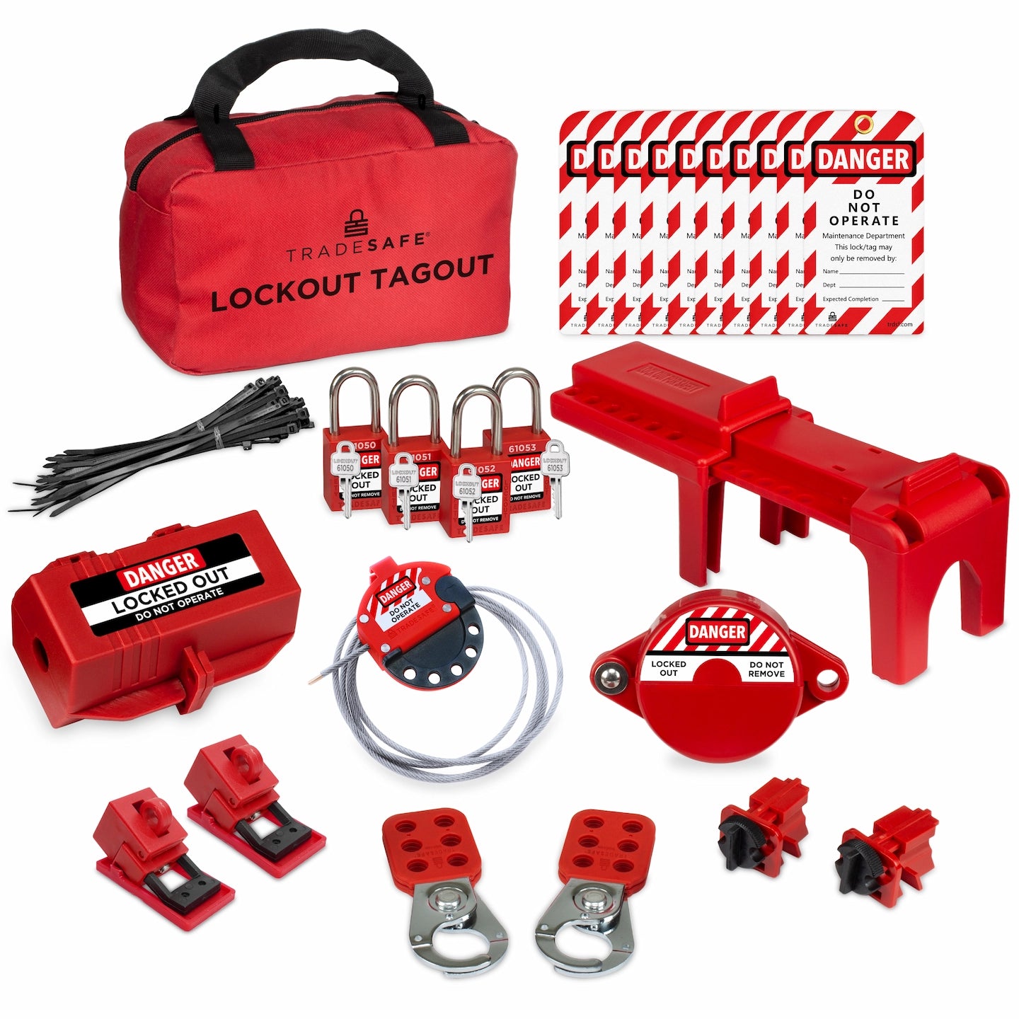 1 pouch, 20 zip ties, 2 hasps, 10 loto tags, 4 padlocks with 1 key each, 1 plug lockout, and 4 circuit breaker locks, 1 gate valve lockout, 1 ball valve lockout, 1 cable lockout