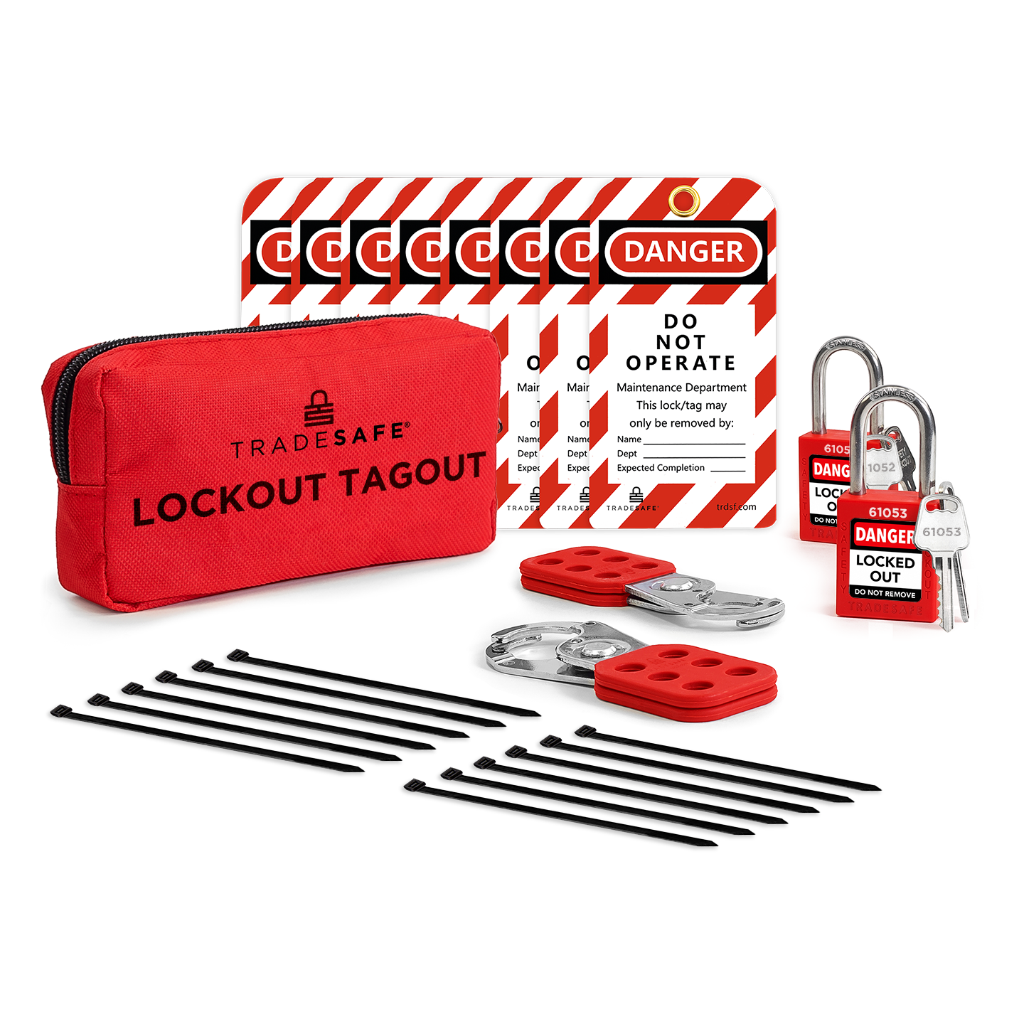 lockout tagout kit composed of 1 pouch, 12 zip ties, 2 steel hasps, 8 loto tags, and 2 keyed different padlocks with 2 keys each