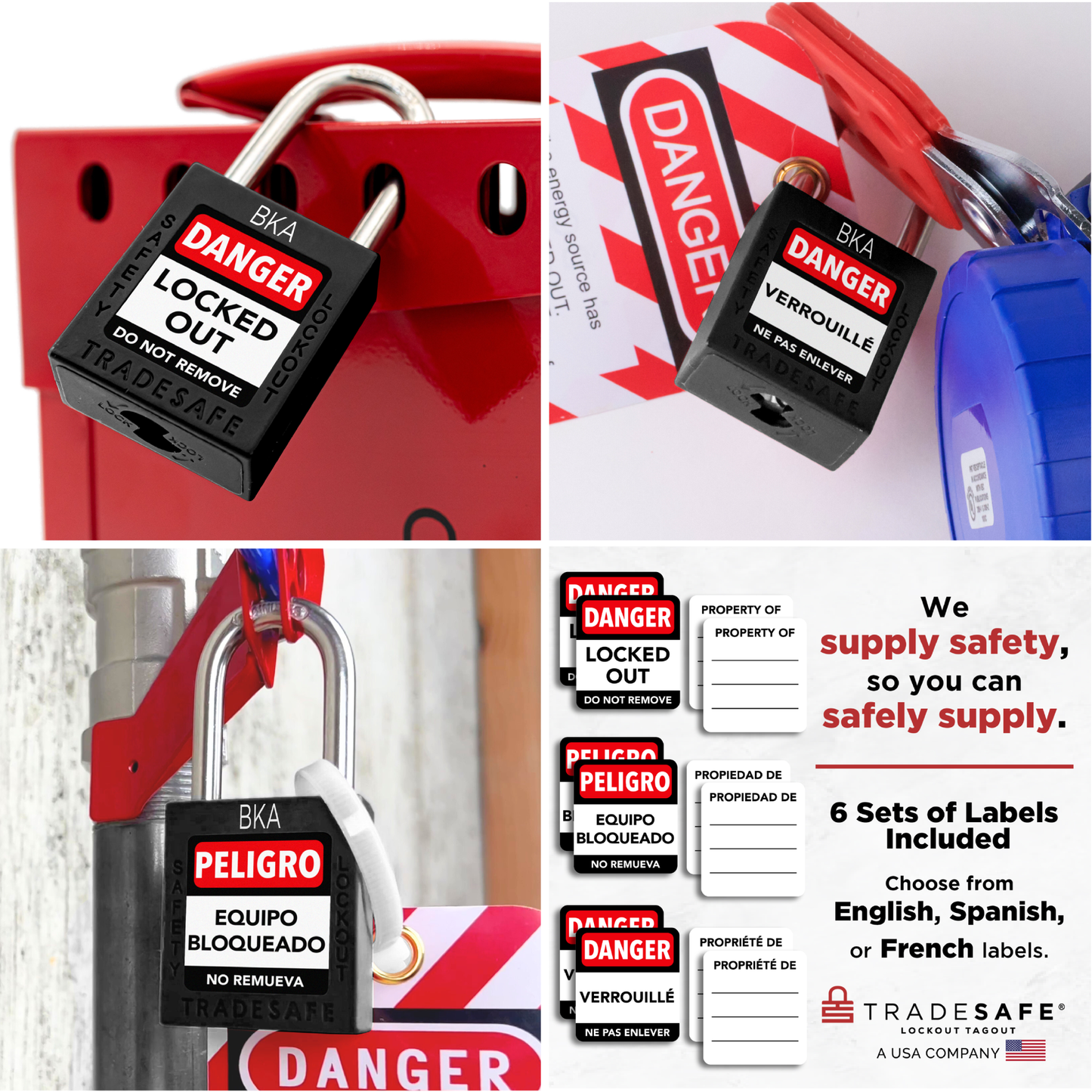 black keyed alike unlimited padlocks in-use with 3 different languages to choose from english, spanish, or french