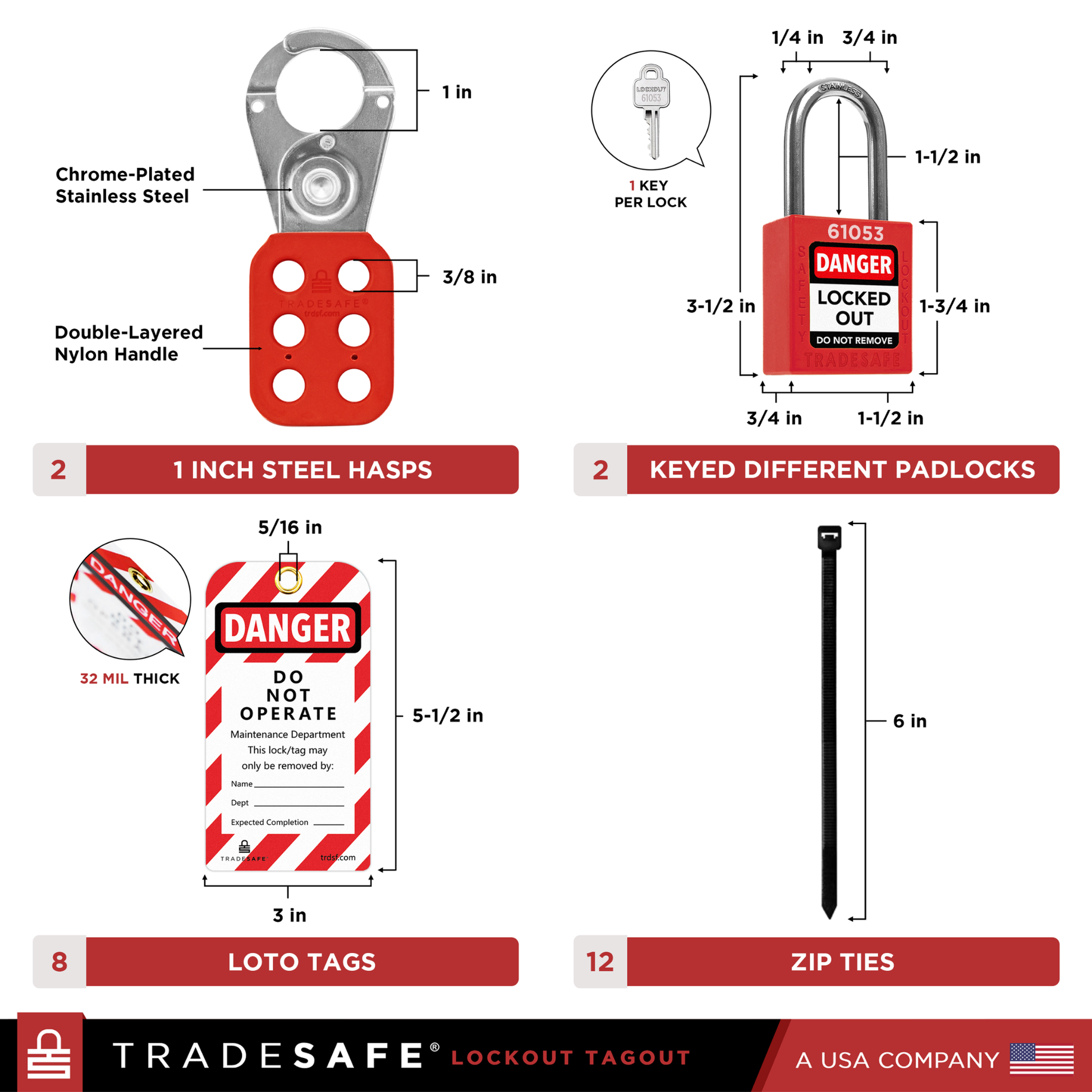 loto kit components showing its dimensions