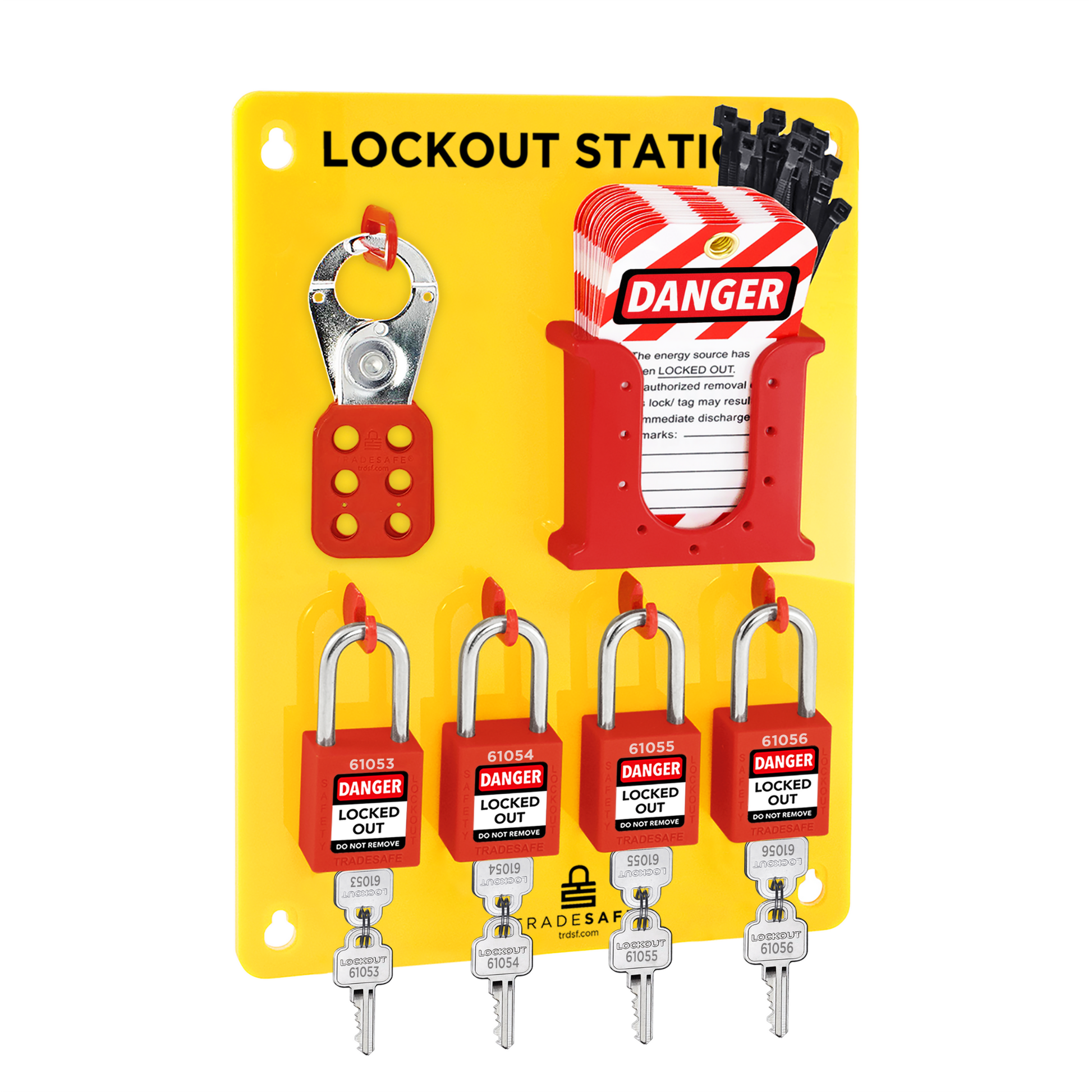 lockout tagout station board with loto tags, padlocks, hasp, zip ties