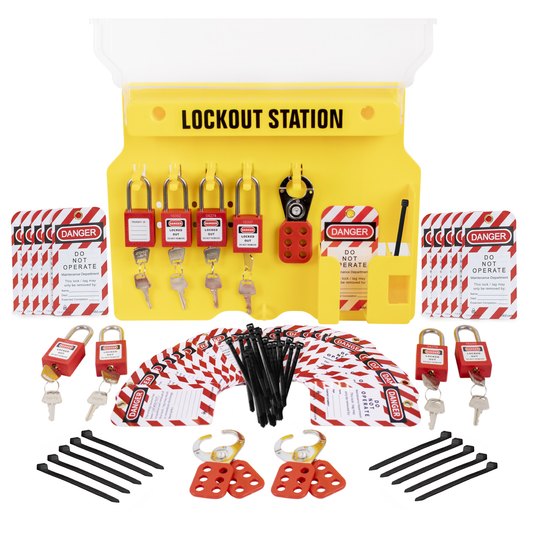 eye-level view of a yellow Lockout Tagout station with its transparent cover, stocked with tags, hasps, and padlocks with 2 keys each