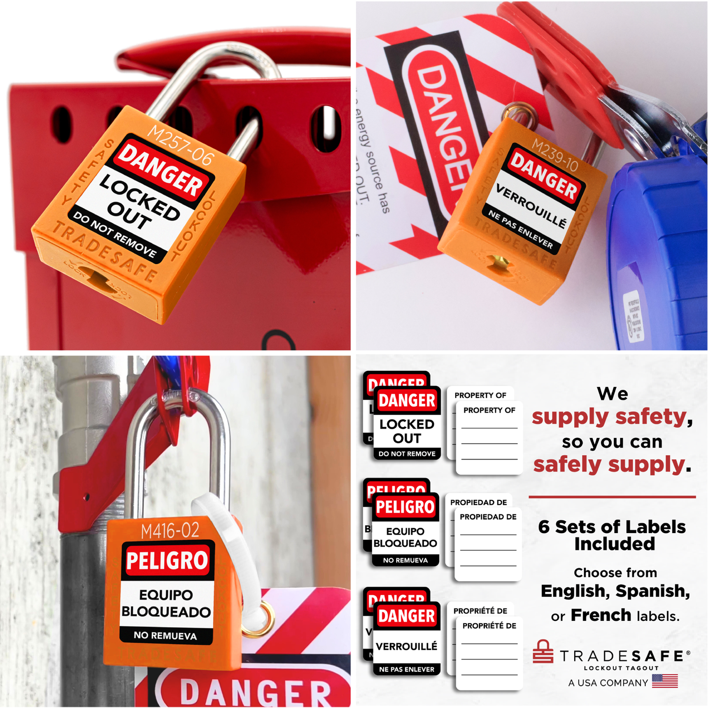 collage of in-use orange loto master keyed padlocks with label options