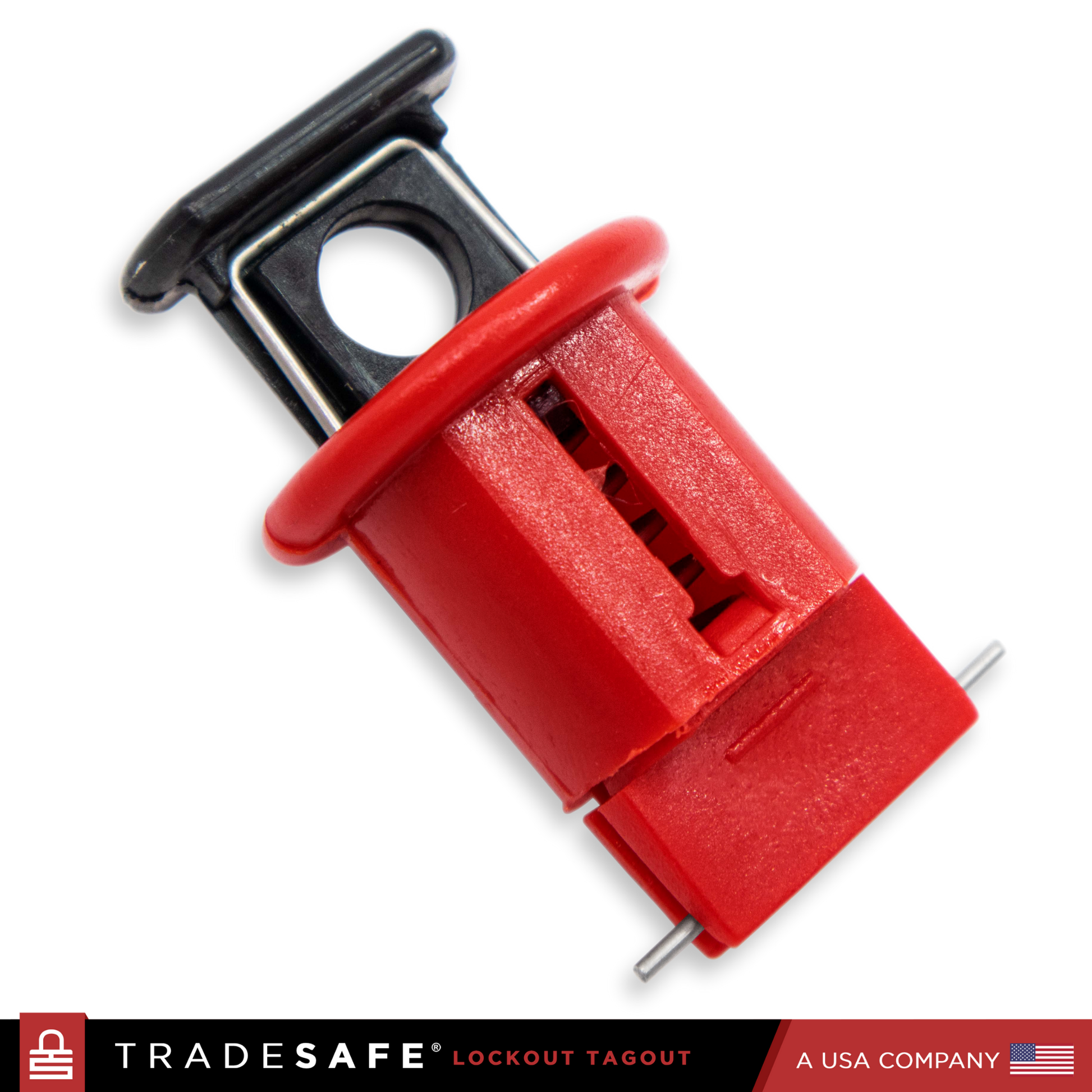 close up view of pin out wide breaker lockout device