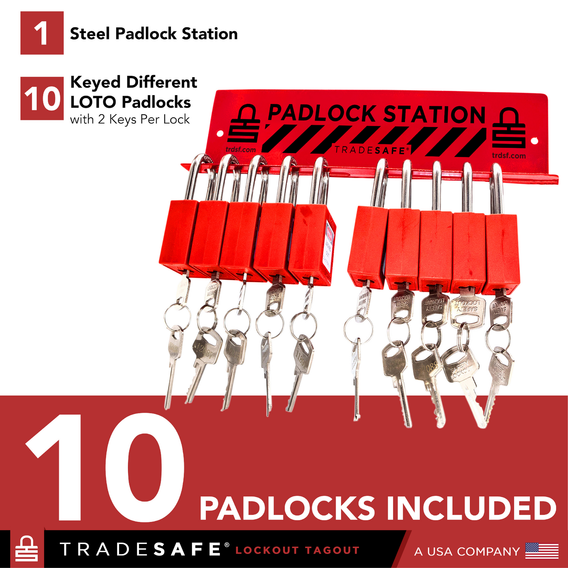 infographic of a padlock station with 10 loto padlocks indicating components and quantities