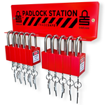 eye-level slanted view of a red padlock station stocked with 10 padlocks with 2 keys each