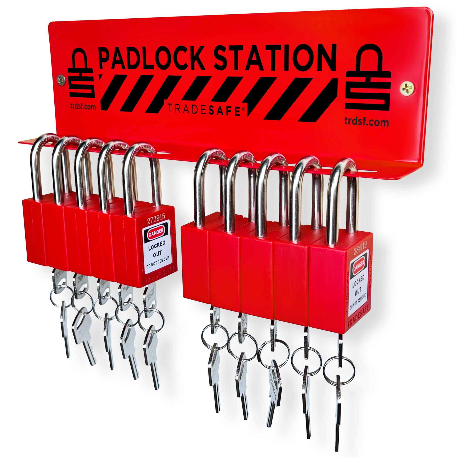 eye-level slanted view of a red padlock station stocked with 10 padlocks with 2 keys each