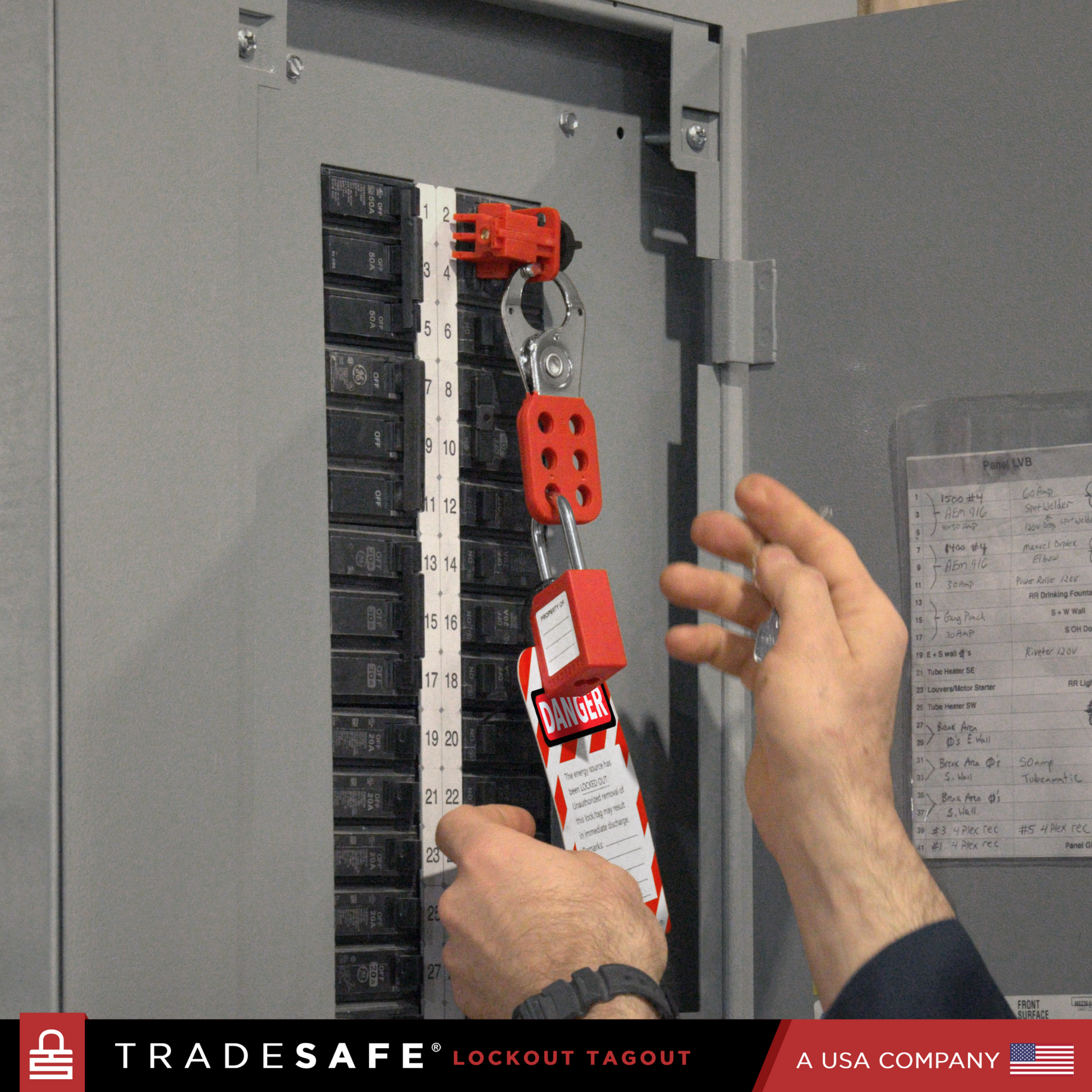 steel hasp, red padlock and loto tag in-use along with a loto lock and a universal circuit breaker lock