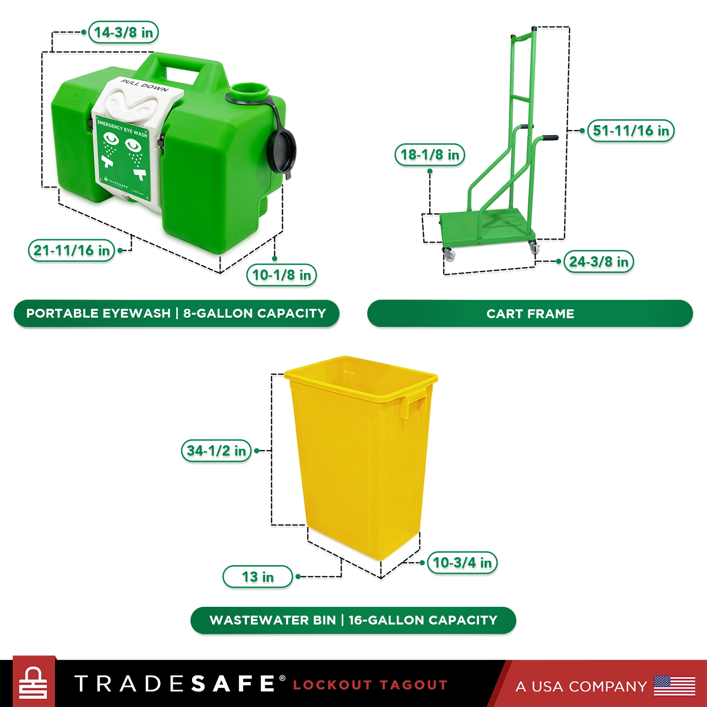 cart wastewater bin and portable eyewash  dimensions