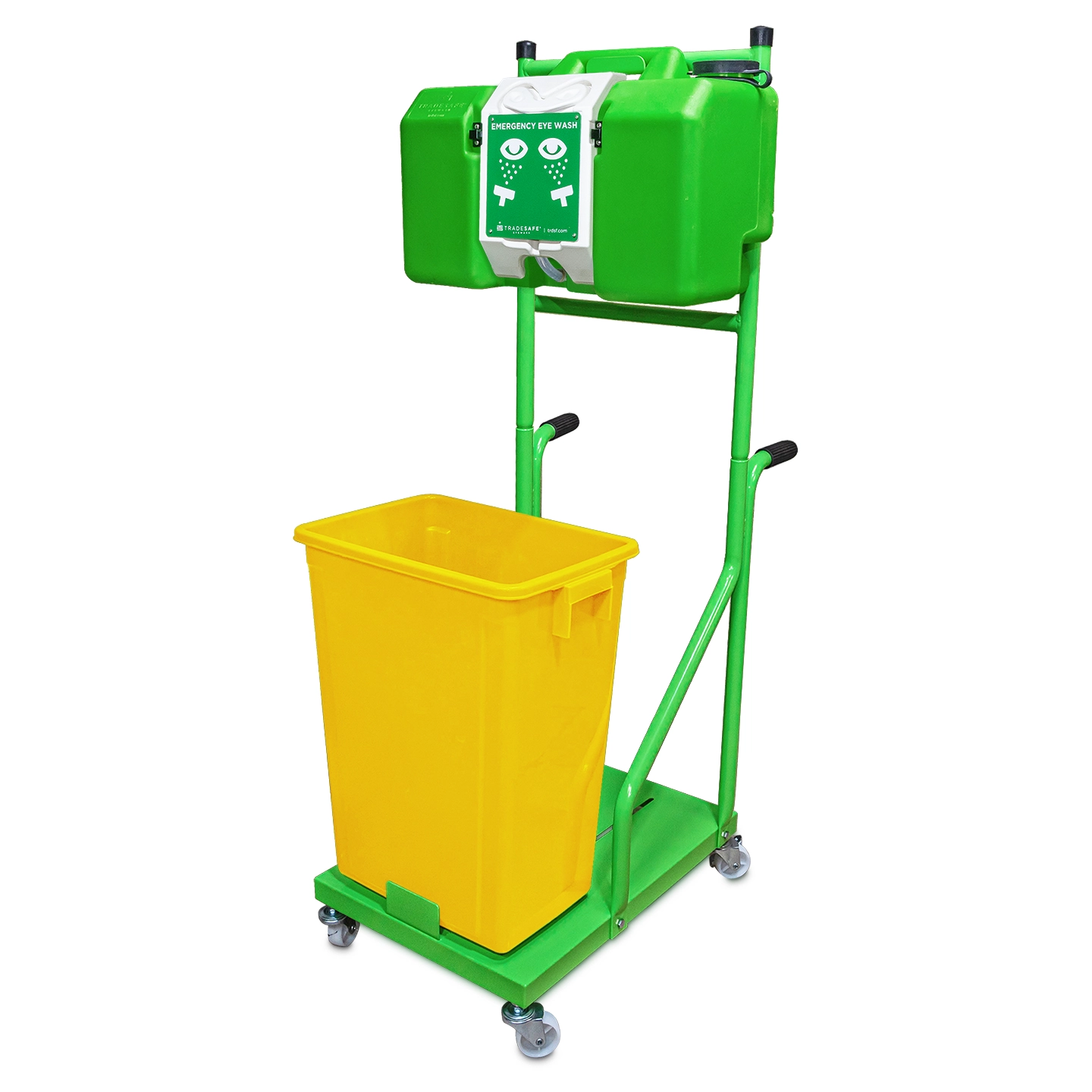 emergency eyewash station with cart and bin