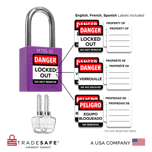 visual representation of purple keyed different lock with master key including labels in three languages