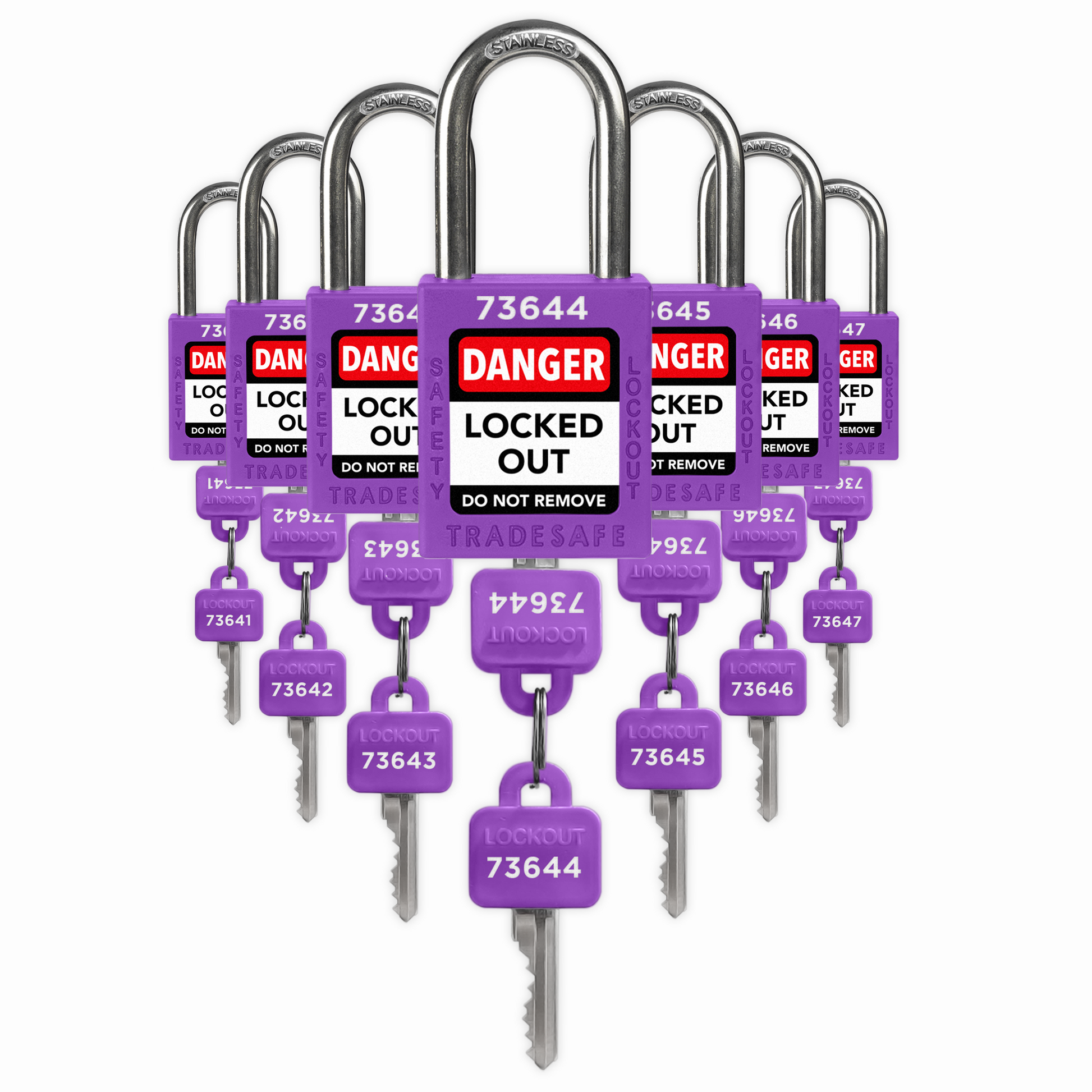 seven purple loto padlocks, each with two keys and a unique five-digit code engraved in both keys and padlock body