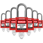 seven red loto padlocks, each with one key and a unique five-digit code engraved in both keys and padlock body