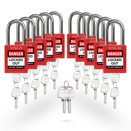 set of 10 red keyed different locks with master key