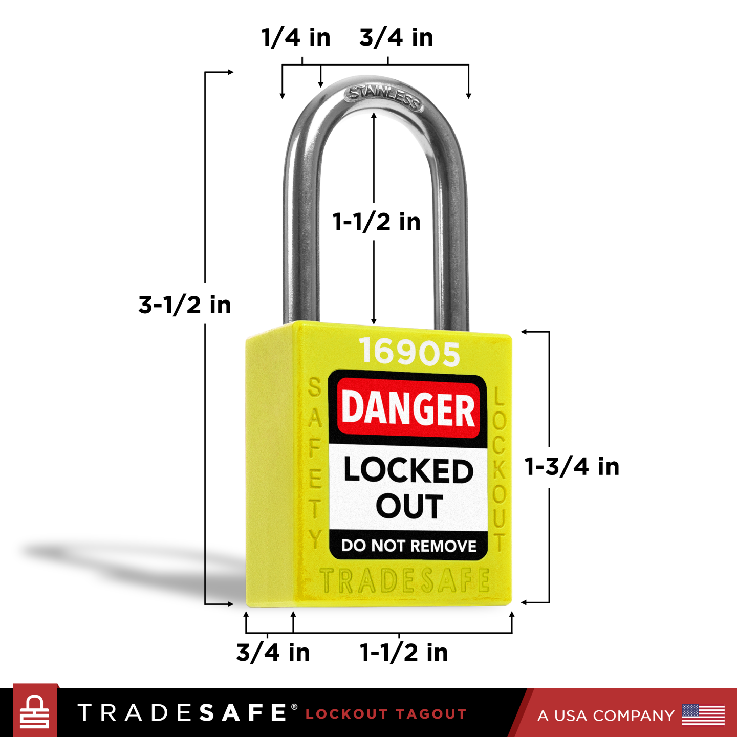 yellow lockout tagout padlock with dimensions
