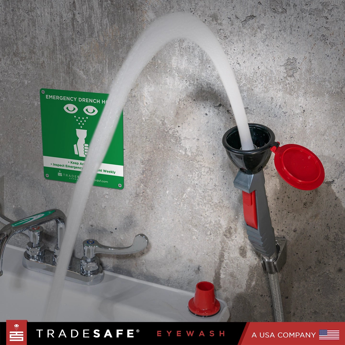 eyewash station drench hose in use