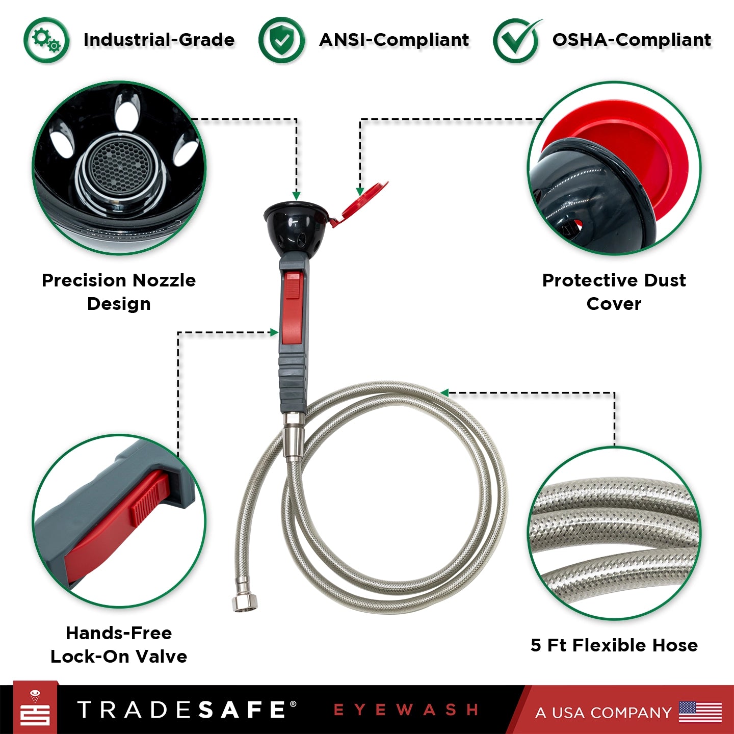 eyewash station with features highlighted, including industrial-grade, precision nozzle design, protective dust cover, hands-free lock-on valve, and 5 ft flexible hose