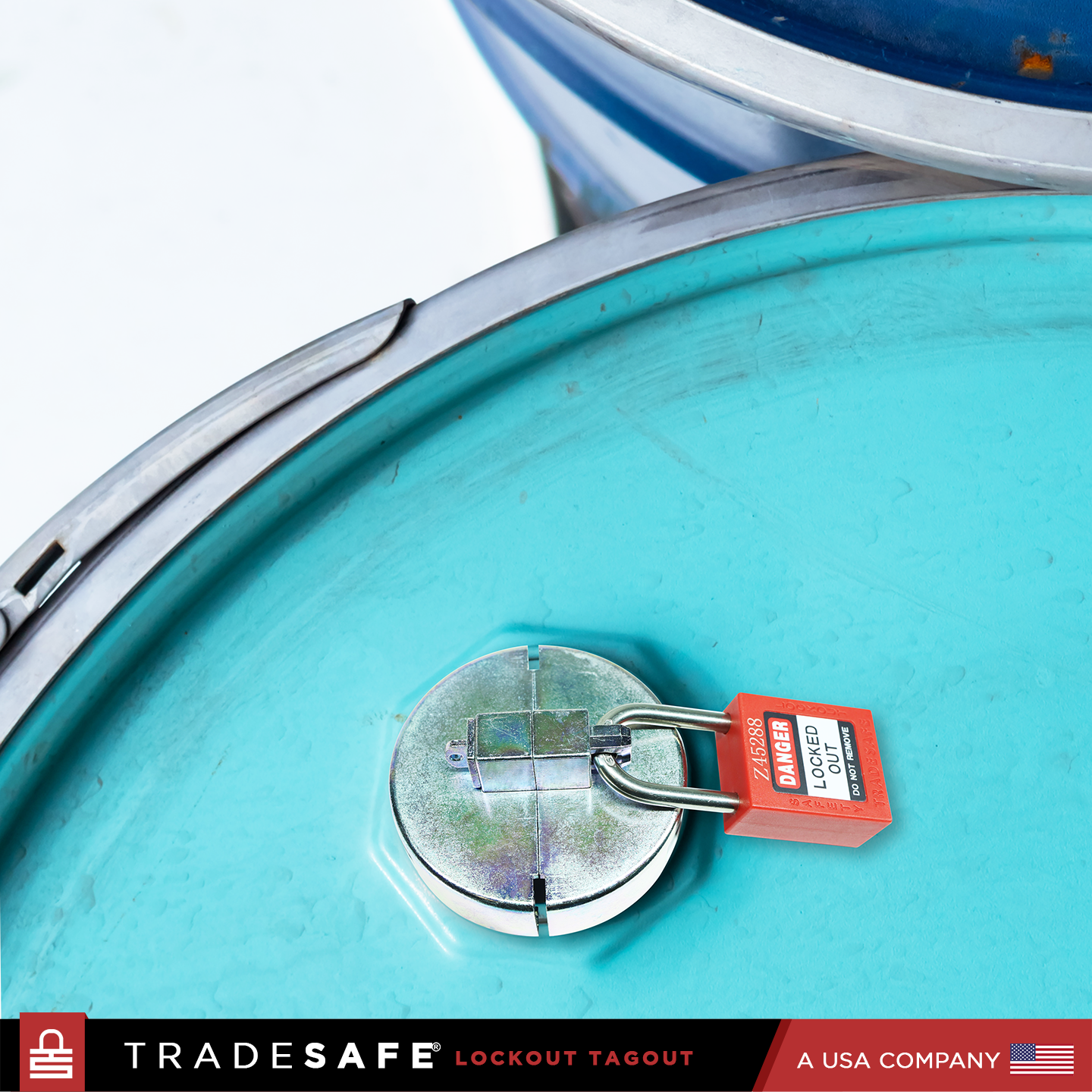 drum lockout in-use and securely fastened with padlock