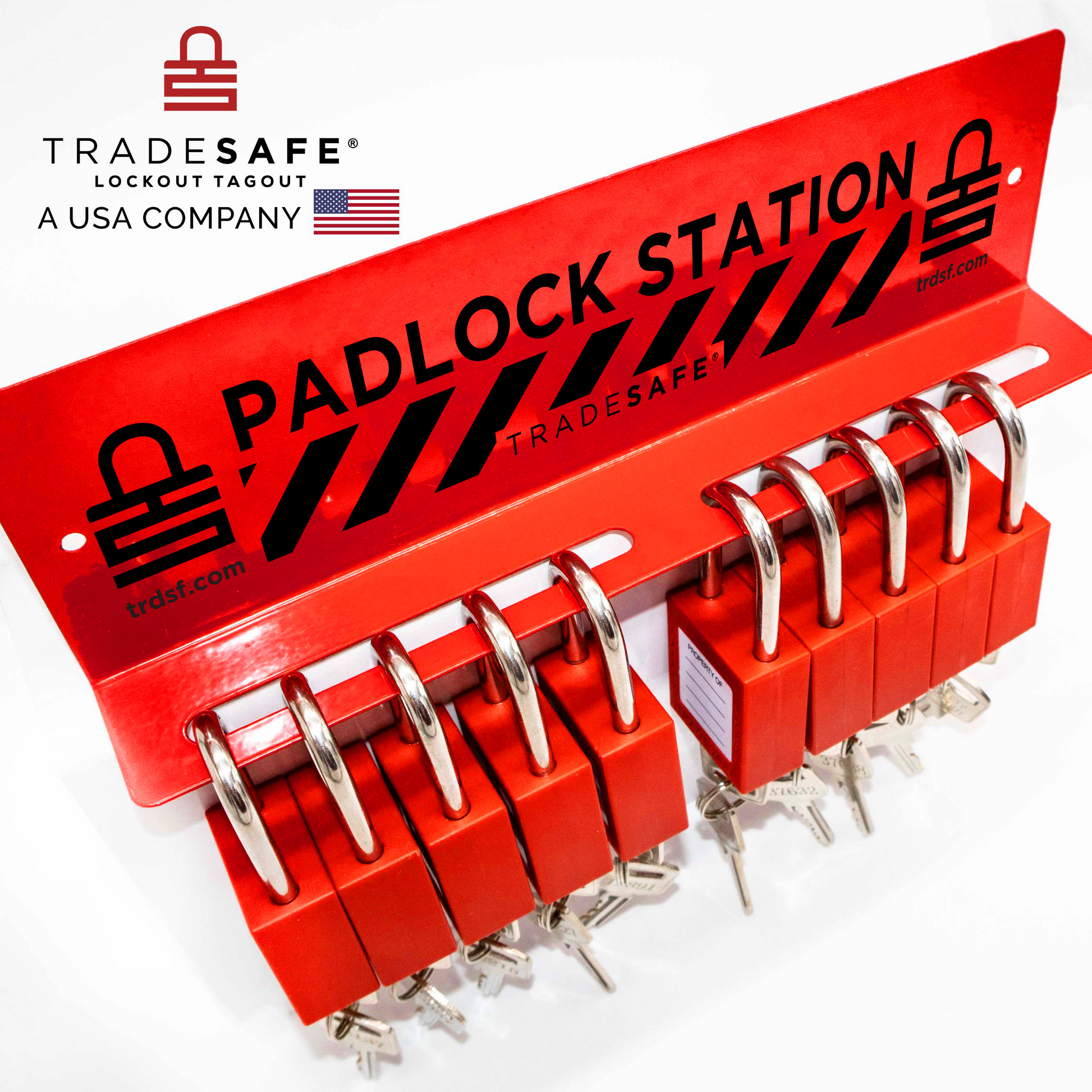 close-up view of a red padlock station stocked with 10 padlocks with 2 keys each