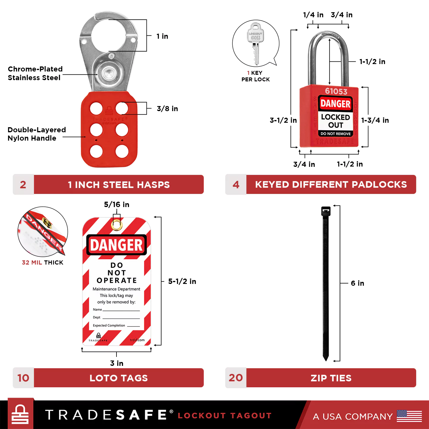 2 steel hasps, 4 keyed different padlocks, 10 loto tags, 20 zip ties, showing the products dimensions