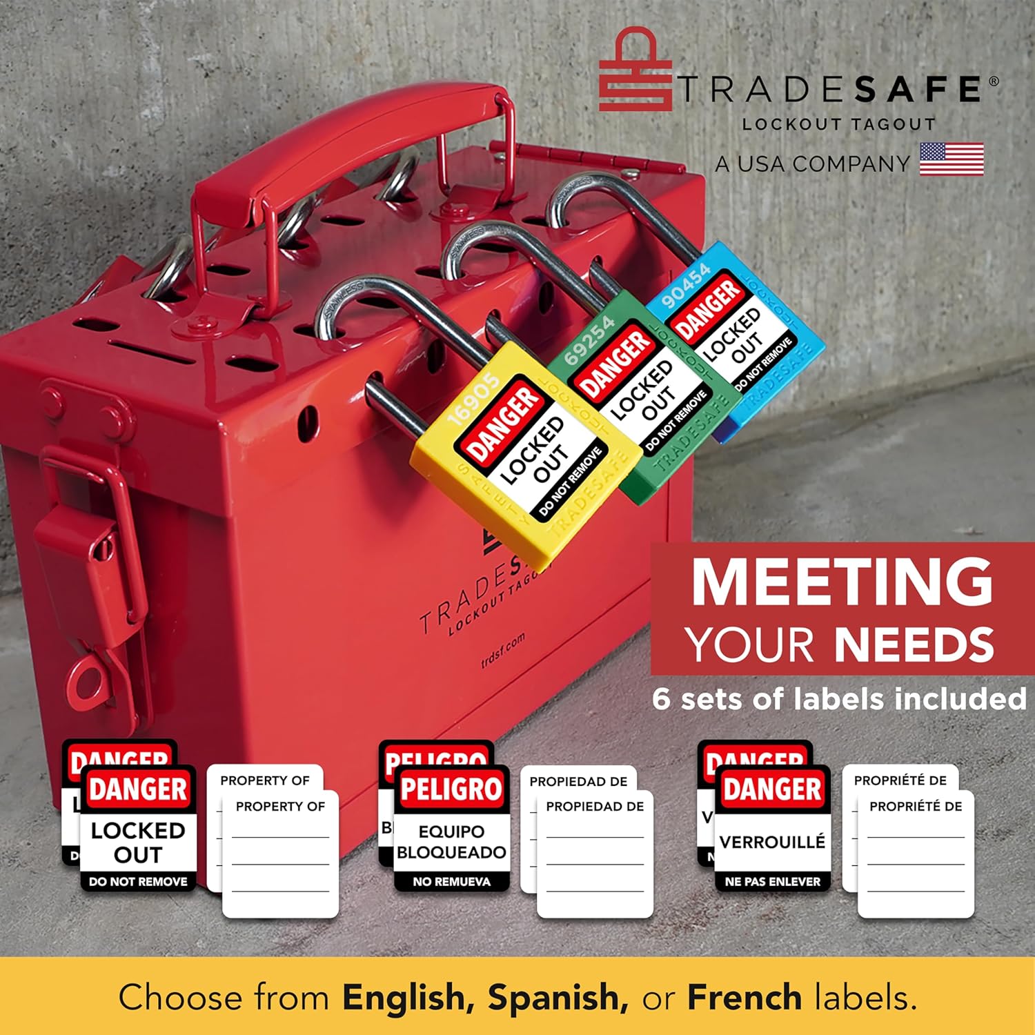 infographic: keyed different loto locks on group lockout box; 6 label sets: english, french, spanish