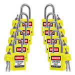10 yellow loto padlocks: 2 keys each, with codes on keys and body