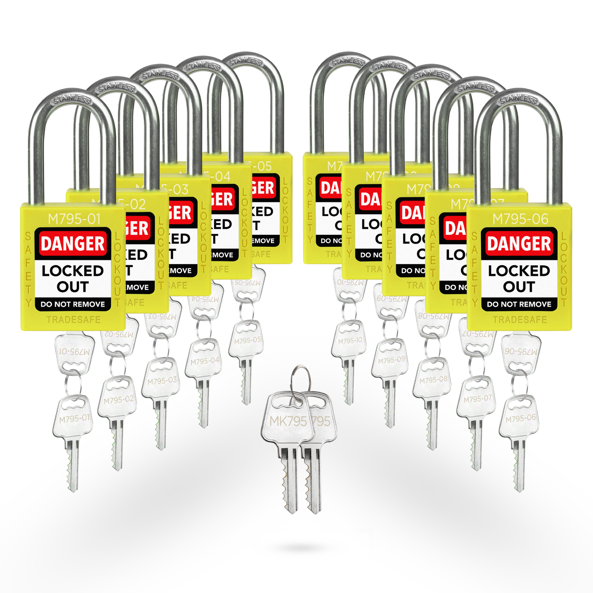 Keyed Different Lockout Locks with Master Keys - 10 Yellow Padlocks - 2  Keys Per Lock