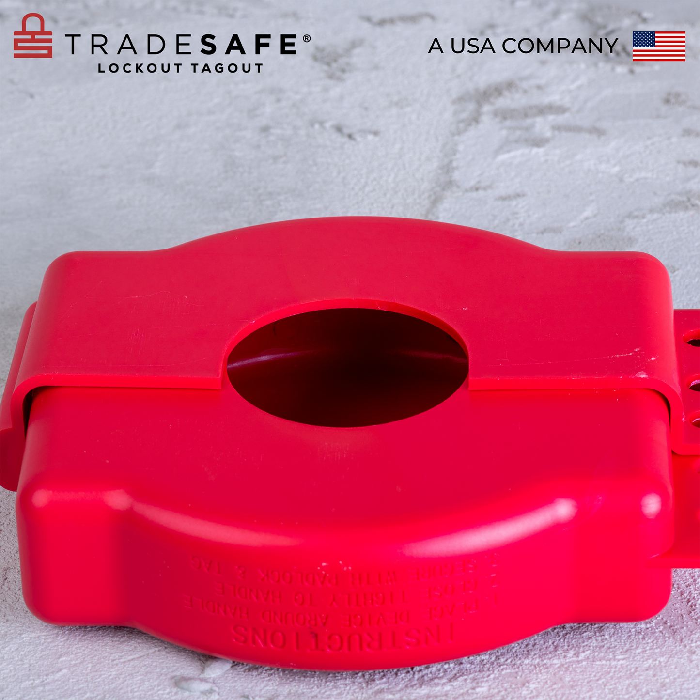 high angled view of the back part of an adjustable red gate valve focusing on the valve hole at the center of the body