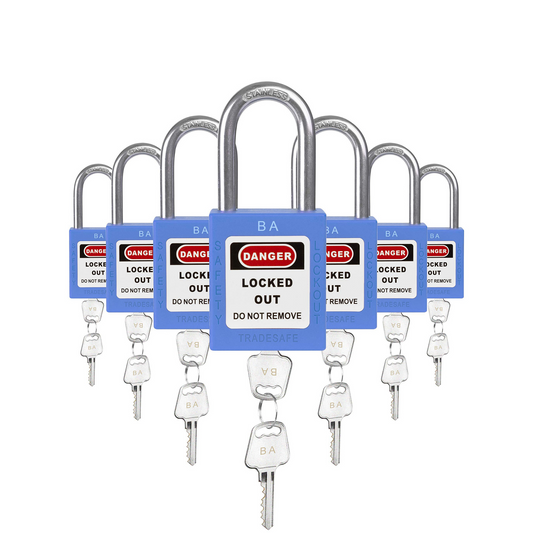 seven blue loto padlocks, each with two keys and a BA letter code on both the lock body and the keys