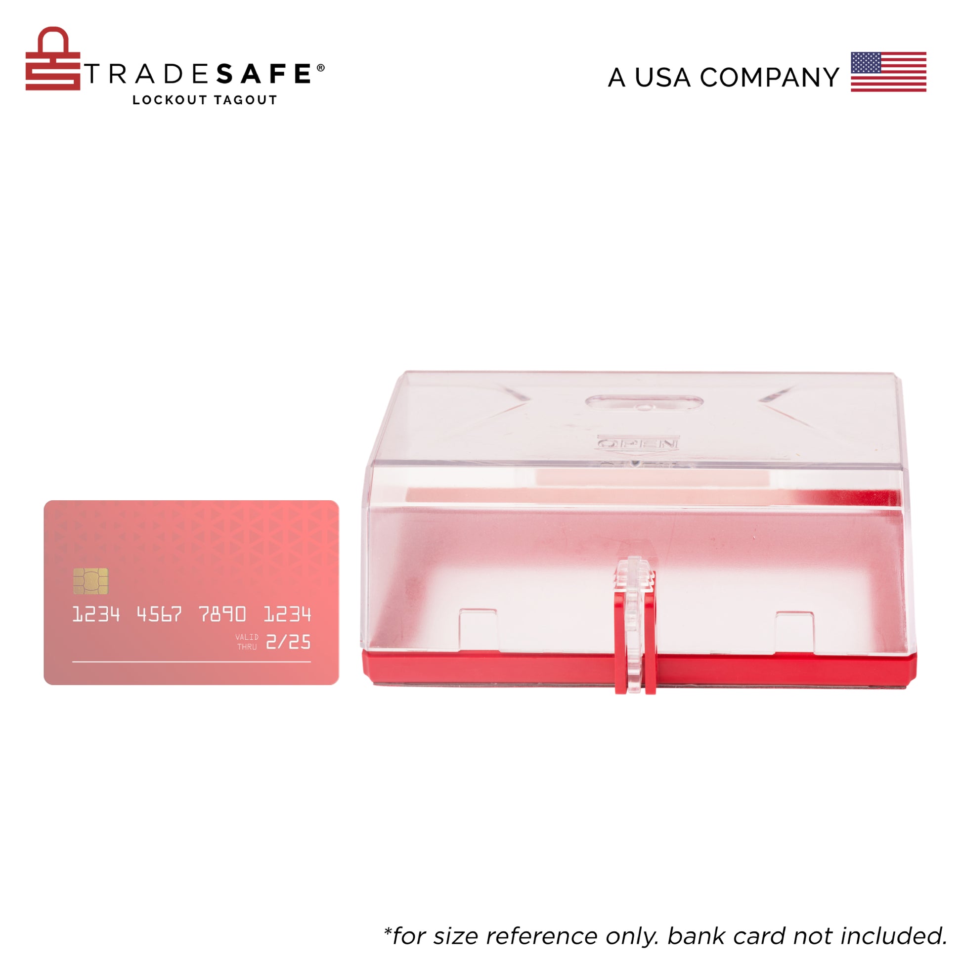 eye level view of emergency button cover size reference with bank card