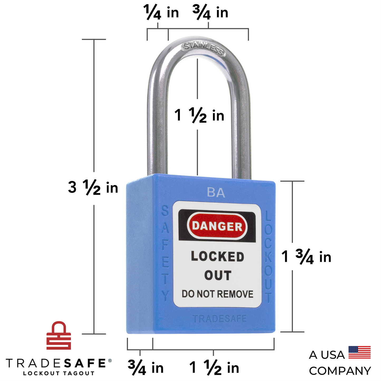 a blue lockout tagout padlock with dimensions