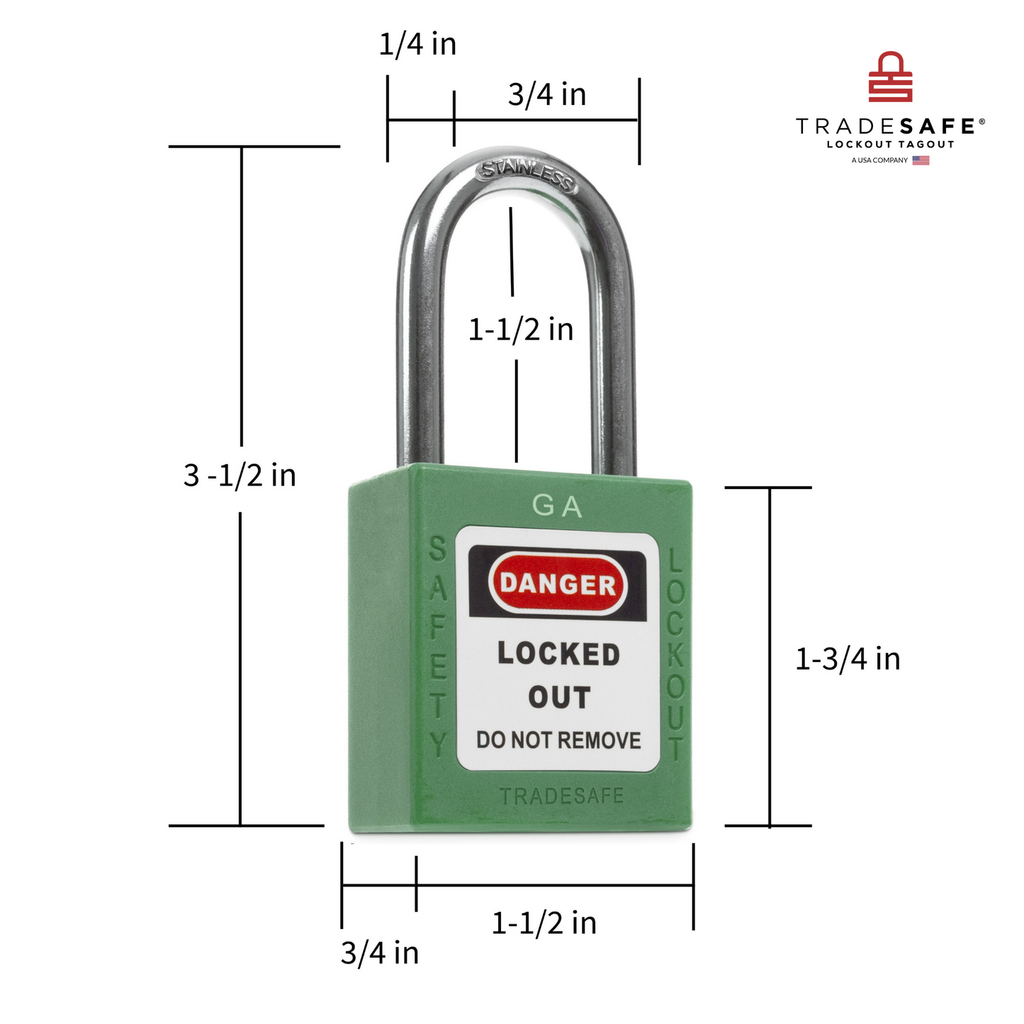 a green lockout tagout padlock with dimensions